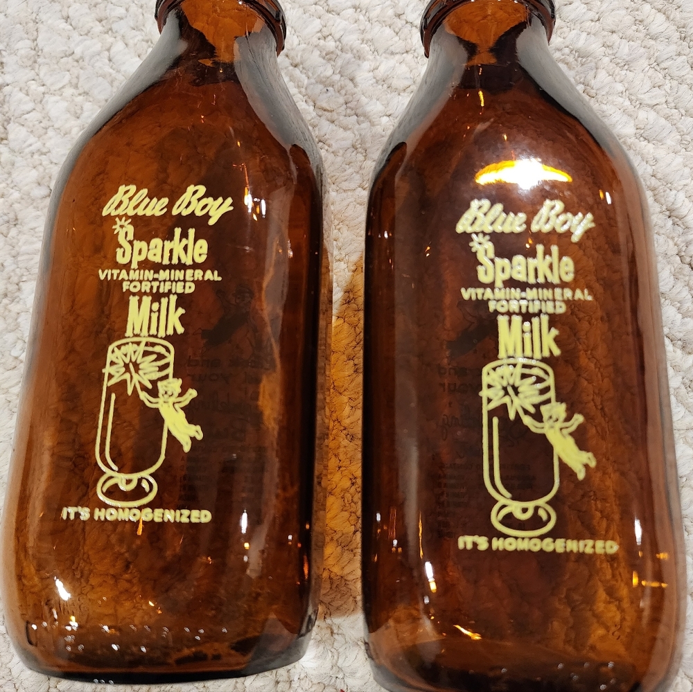 Set of:  Blue Boy Sparkle vintage brown glass milk bottle.  2 ea.  Quart size